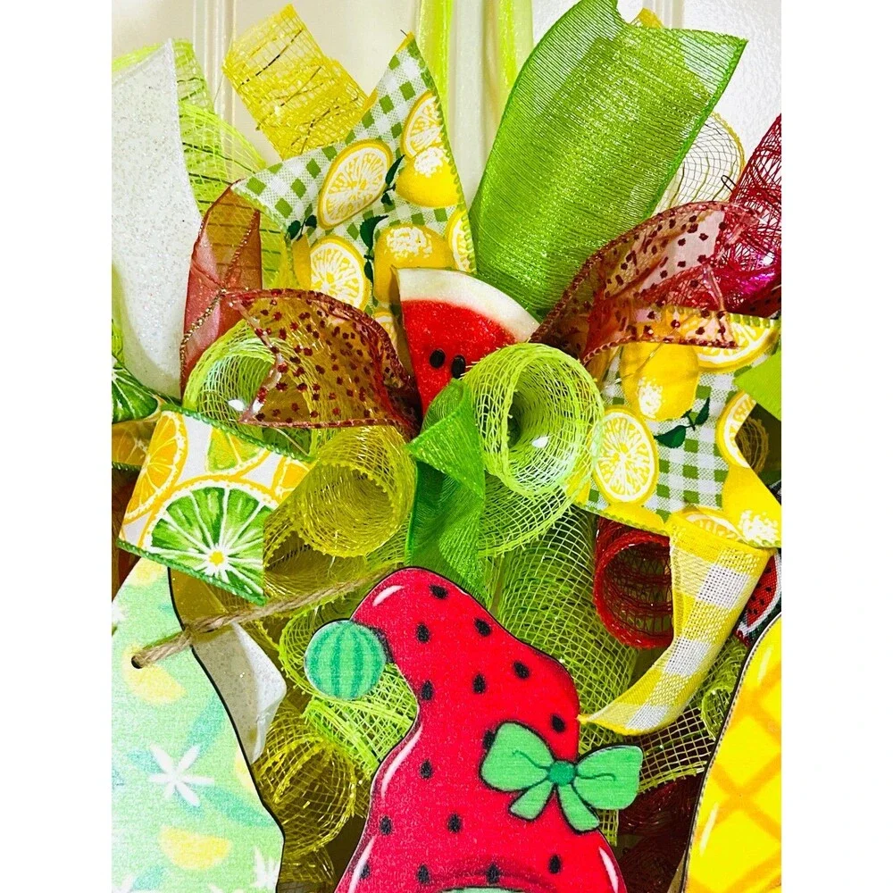 Handmade Summer Watermelon Pineapple Gnome Prelit Ribbon Wreath 22 in LED W3